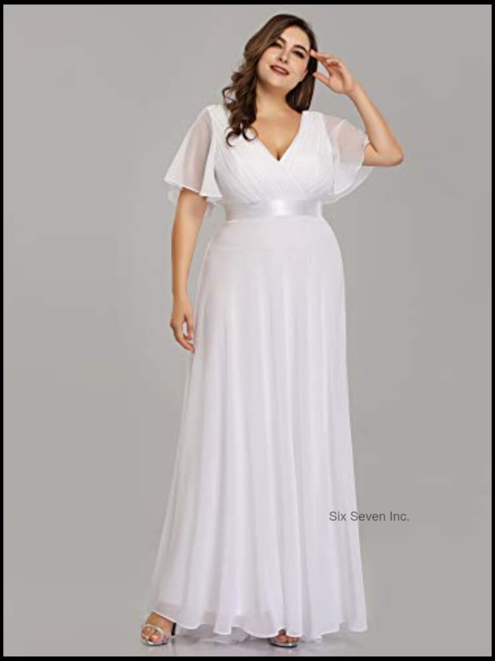 Women's Plus Size Chiffon V-Neck Floor Length Formal Dress with Ruffle Short - Picture 3 of 7